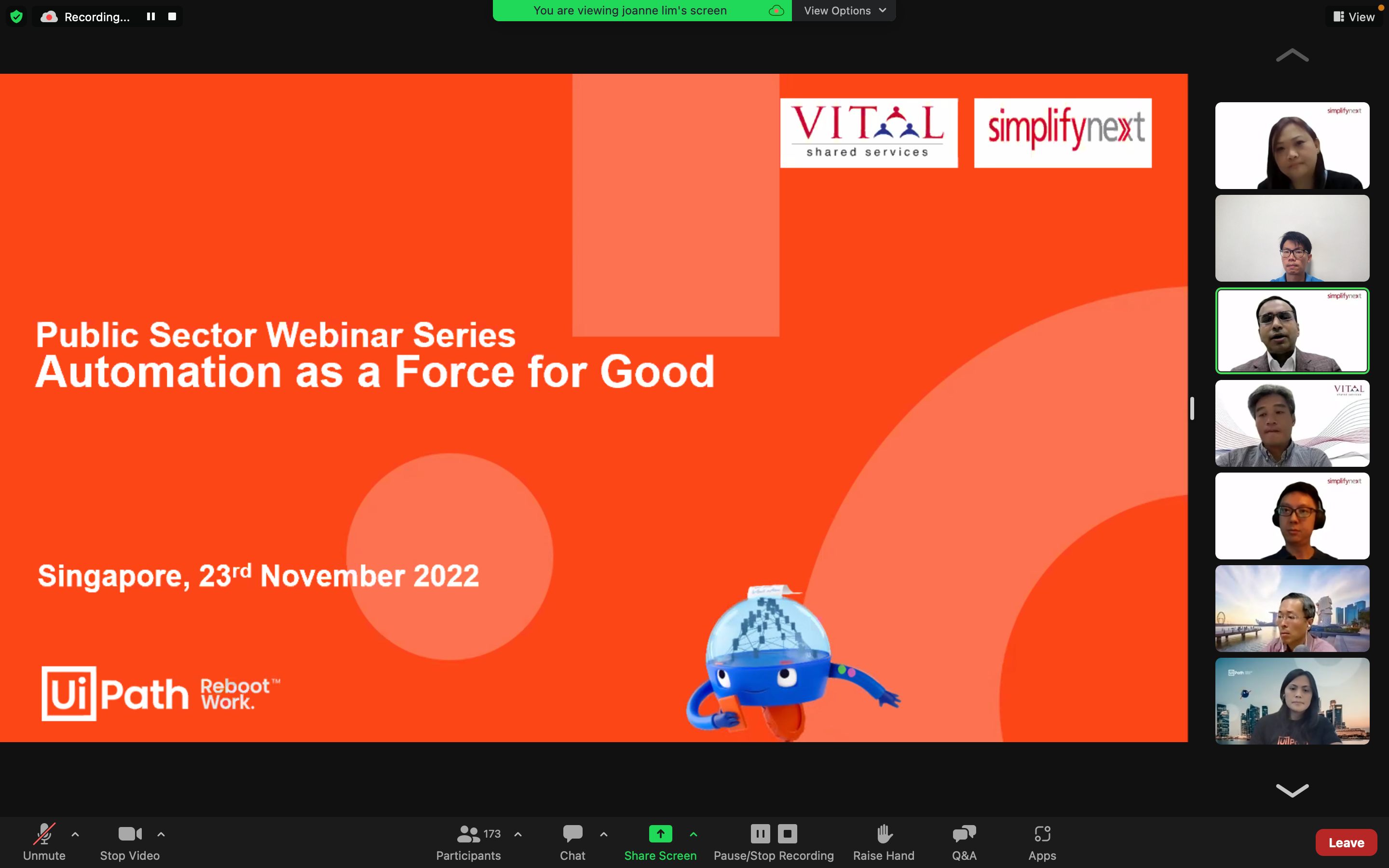 Zoom webinar screenshot showing a slide titled "Automation as a Force for Good" dated Singapore, 23rd November 2022.